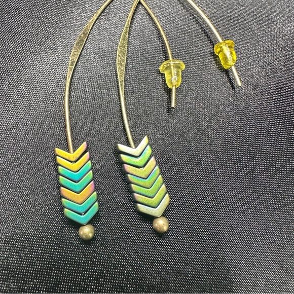 Boho Chevron Stone Drop Earrings – Colorful Iridescent Tribal Arrow Design - Picture 1 of 8